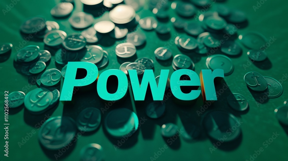 Poster a dynamic composition featuring 3d power text surrounded by numerous coins scattered across a green 