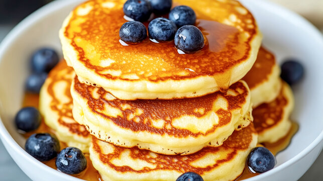 Delicious Greek yogurt pancakes made in an air fryer topped with honey and blueberries for a quick breakfast delight