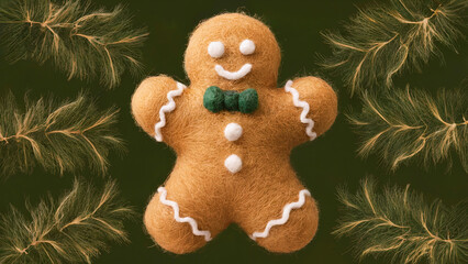 A fluffy, golden gingerbread man, crafted using needle felting technique and has soft and rounded shape, fastive background.