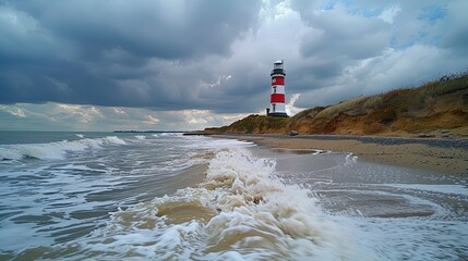 Coastal Lighthouse Bathed in Stormy Seascape, Waves Crashing on Shore