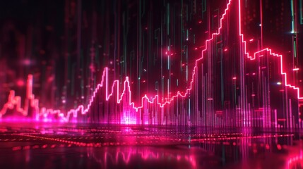 Abstract glowing pink stock market graph reflecting on dark surface.
