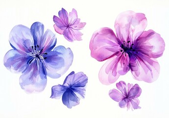 Delicate watercolor flowers in shades of purple and pink, beautifully arranged on a white background, emphasizing their elegant petals and soft colors.