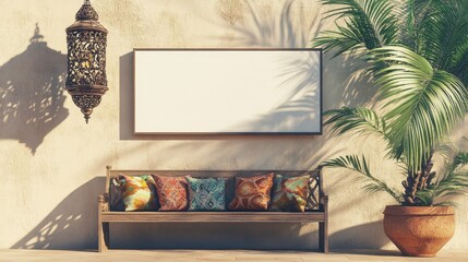 Stucco wall with a blank sign colorful bench and soft afternoon light