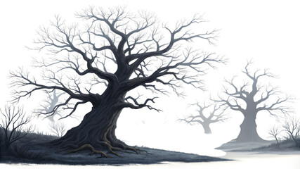 Obraz premium Winter Oak Tree Composition Digital Painting, Isolated on White Background, Fantasy Landscape, Dark Tree IllustrationKeywords Winter Tree, Digital Art, Fantasy, Oak Tree