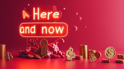 A striking 3D digital art piece featuring cryptocurrency coins and a bold neon Here and now sign, set in a vibrant red environment, symbolizing modern finance. AI generated.
