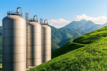 Obraz premium Petroleum and fuel consumption, Three metallic silos stand on a lush green hillside, surrounded by mountains under a clear blue sky, highlighting an industrial yet natural landscape.