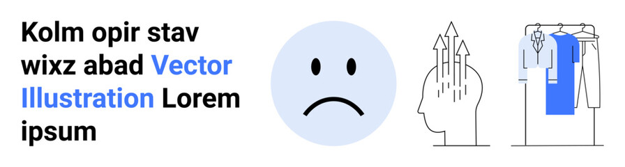 Sad face icon, head outline with upward arrows symbolizing stress, clothing rack. Ideal for mental health awareness, stress management, emotional wellbeing, psychology, organization, personal growth