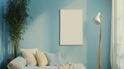 Blank billboard sign mockup near daybed with serene minimalist decor