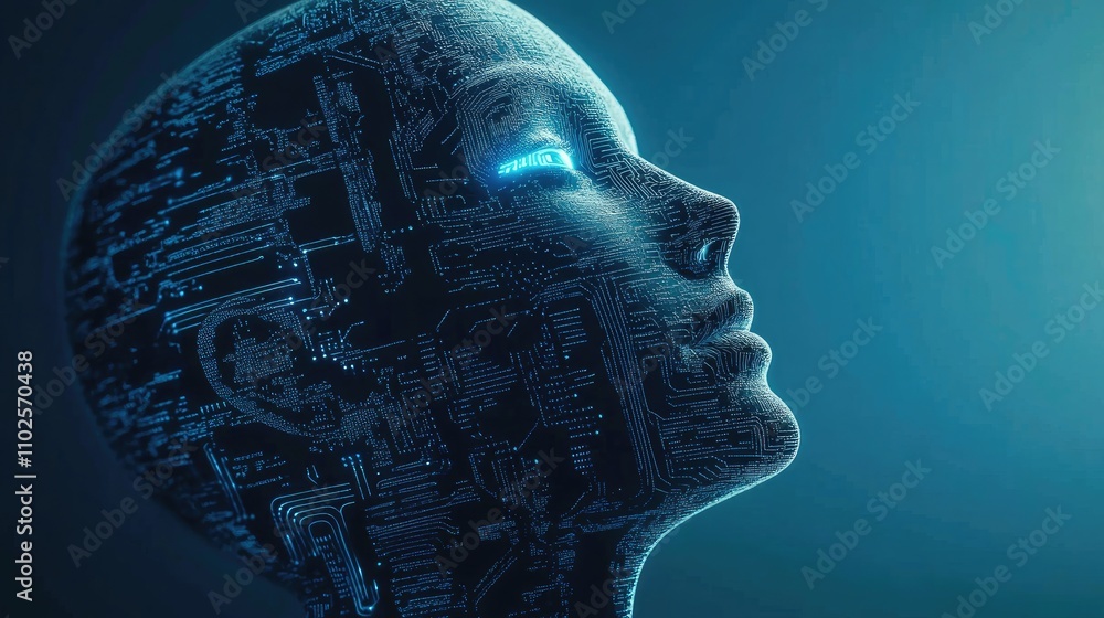 Poster futuristic cybernetic face with circuit patterns and glowing features
