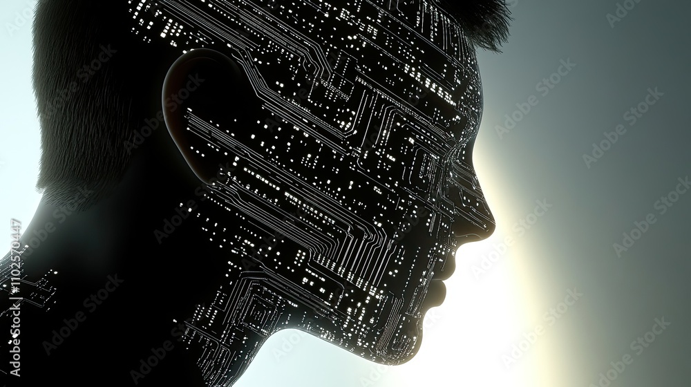Poster Futuristic Human Profile with Circuit Pattern Display on Face