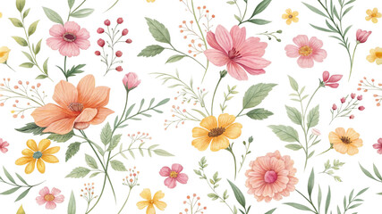 Watercolor Floral Seamless Pattern with Peach, Pink, and Yellow Blooms, floral, watercolor, pattern, blooms