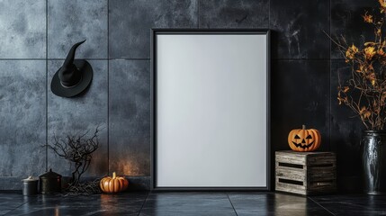 Blank billboard mockup on black wall with witch hat and subtle spooky accents