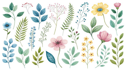 Whimsical Botanical Elements on White Background, botanical, whimsical, elements