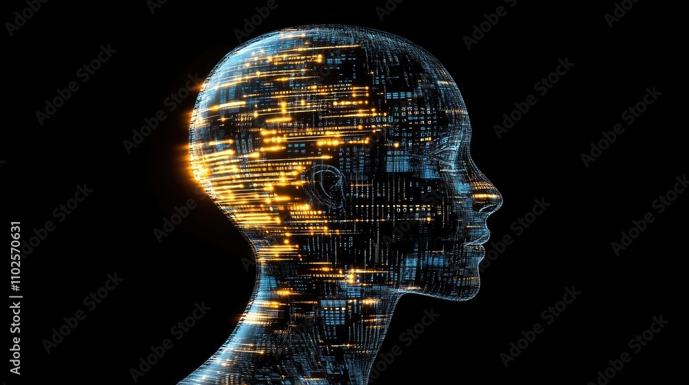 Poster digital human profile with glowing data streams in dark background