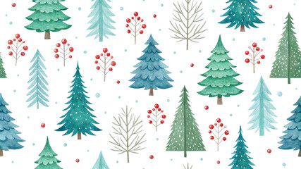 Watercolor Christmas Trees Seamless Pattern Teal, Green, Berries, Isolated on White Background, Winter Holiday Design

Christmas, Watercolor, Seamless Pattern, Winter