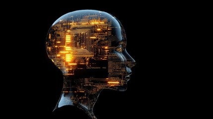 Futuristic Human Head Concept with Digital Circuit Patterns and Lights