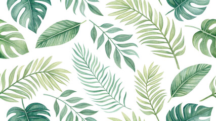 Top View Watercolor Tropical Leaves Composition, Green Monstera, Palm and Various Foliage, Isolated on White Background,

Tropical Leaves, Watercolor, Seamless Pattern, Botanical Illustration