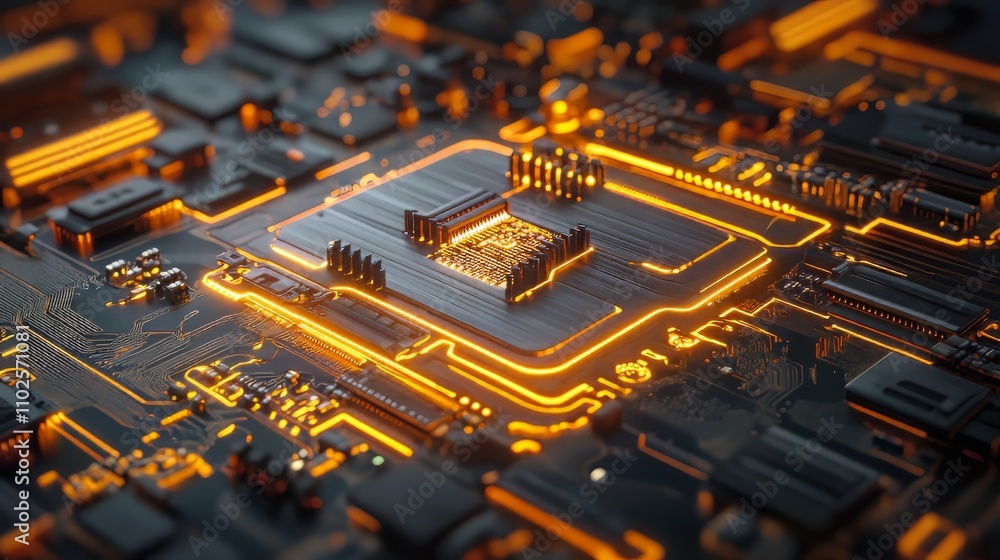 Poster high-tech cpu on circuit board with orange glow