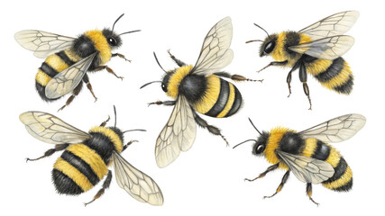 Five Bumblebee Watercolor Illustrations, Isolated on White Background, Detailed Composition, Insect Art, Pollinator

bumblebee, watercolor, illustration, insect