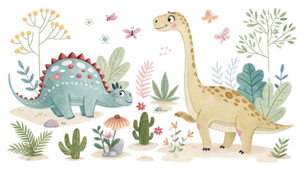 Cute Dinosaur Illustration with Plants and Butterflies, dinosaurs, cute, plants, butterflies, nature
