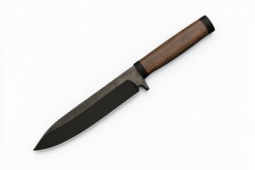 A knife with a wooden handle and a black blade