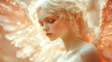 Ethereal fairy figure with shimmering wings in a dreamy setting, captured in soft light. Generative AI