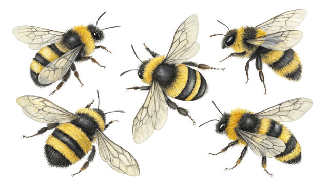 Five Bumblebee Watercolor Illustrations, Isolated on White Background, Detailed Composition, Insect Art, Pollinator

bumblebee, watercolor, illustration, insect