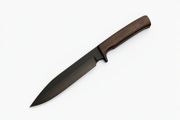 A knife with a wooden handle is shown on a white background
