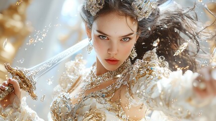 Enchanting Warrior Princess in Extravagant Costume Wielding a Sword Surrounded by Sparkling Light and Ethereal Elements in a Grand Fantasy Setting