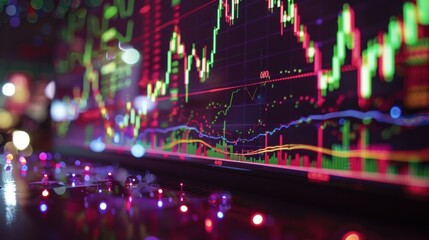 Stock market data displayed on a large screen at night with colorful lights.
