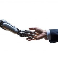 Naklejka premium Human Hand Meets Futuristic Robot Arm: AI Interaction & Human Touch