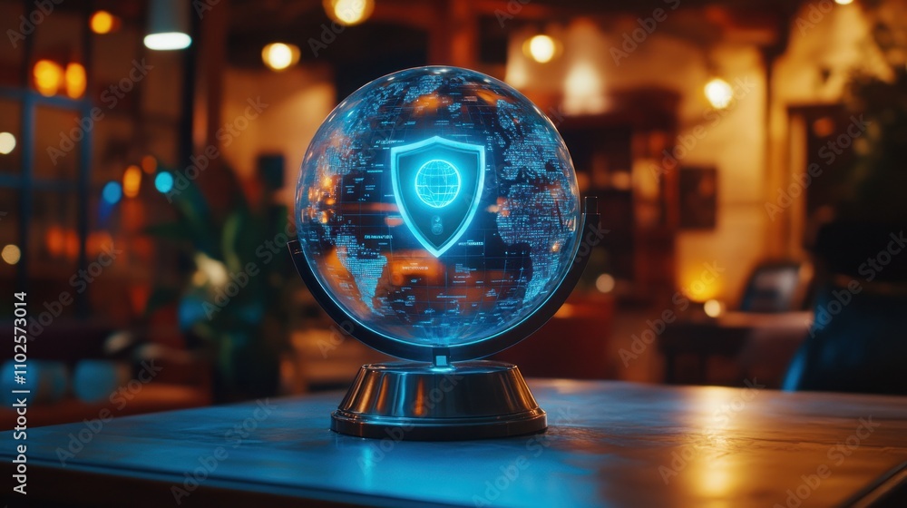 Poster a glowing globe displaying a digital shield, symbolizing cybersecurity and protection.