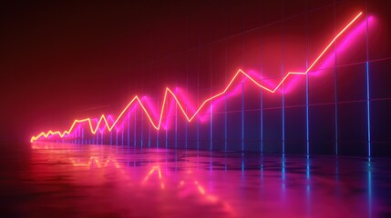 Neon glowing lines graph rising on dark background.