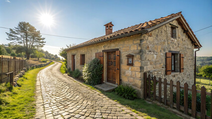 Заброшенная деревня со старыми каменными домами и заросшими тропинками под ясным небом. Сельская местность, пережившая время, вызывает чувство ностальгии и безмятежности.