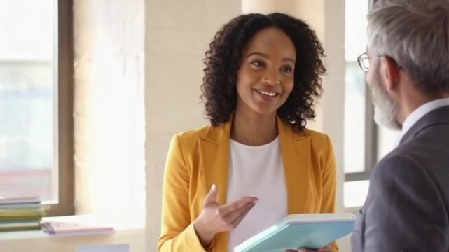 Warm educational consultant engaging with school administrator in sunlit modern space