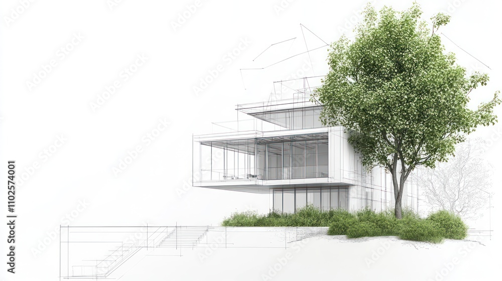 Poster a modern architectural design featuring a multi-level house with greenery.