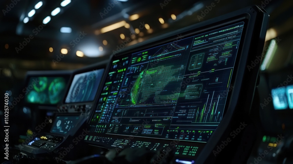 Poster high-tech control panel displaying data and analytics for monitoring systems.