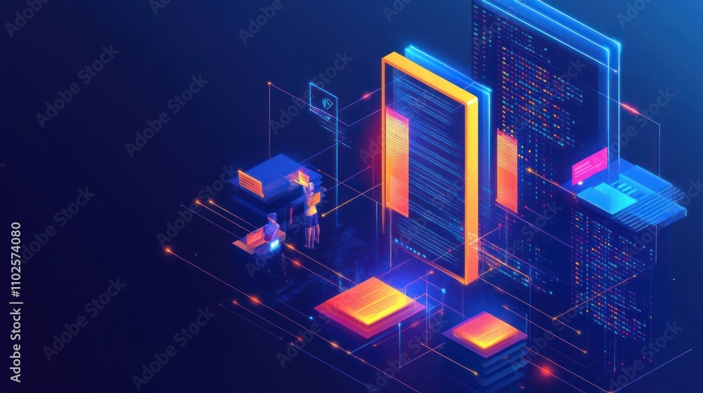 Poster futuristic digital landscape with servers and data visualization elements.