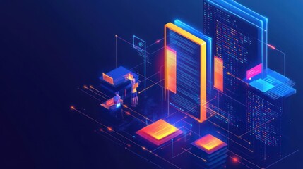 Futuristic digital landscape with servers and data visualization elements.