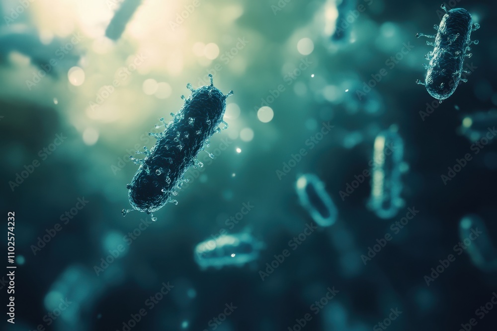 Poster microscopic view of bacteria floating in a fluid with a blurred background, depicting a scientific c