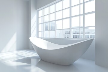 Modern minimalist bathroom with an angular freestanding tub, large windows, and simple lines.