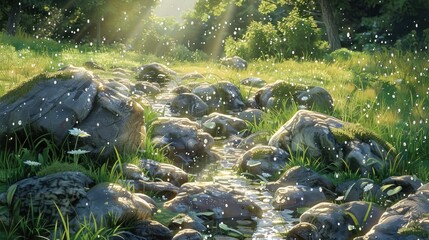 Sunlit stream flows over mossy rocks in a lush green meadow, light rain falling.