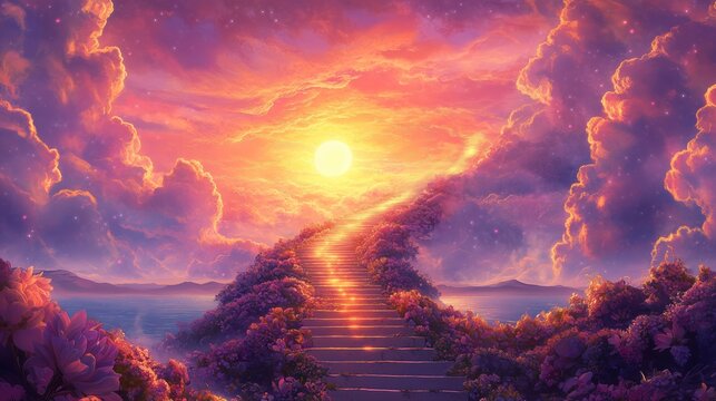 A golden staircase ascends to a radiant sun, surrounded by vibrant clouds and ethereal beings.