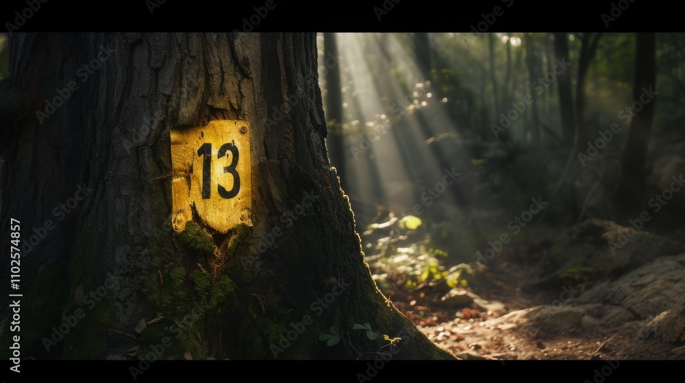 Poster a serene forest scene featuring a tree with a yellow number 13 plate, bathed in warm sunlight filter
