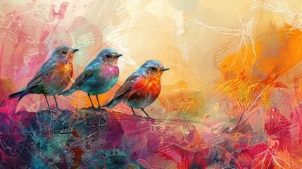 Three colorful robins perched on a rock against an abstract background.