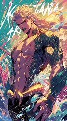 Heroic underwater warrior stands with confidence, embodying strength and valor amidst vibrant swirling water and colorful splashes, showcasing an epic fantasy scene.