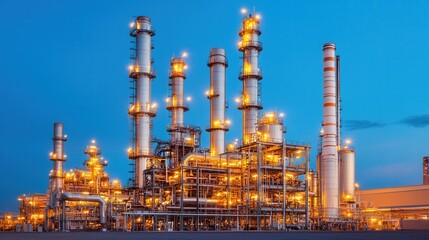 Petroleum and fuel consumption, A vibrant industrial complex at dusk, featuring multiple smokestacks and illuminated structures, showcasing modern engineering and energy production.