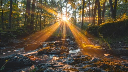 Obraz premium Sunbeams illuminating a forest stream at sunrise.