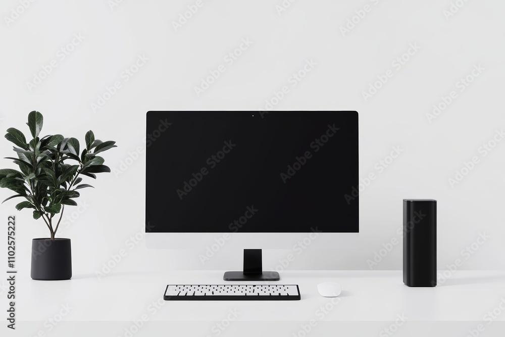 Aufkleber a computer monitor sits on a desk next to a plant and a keyboard