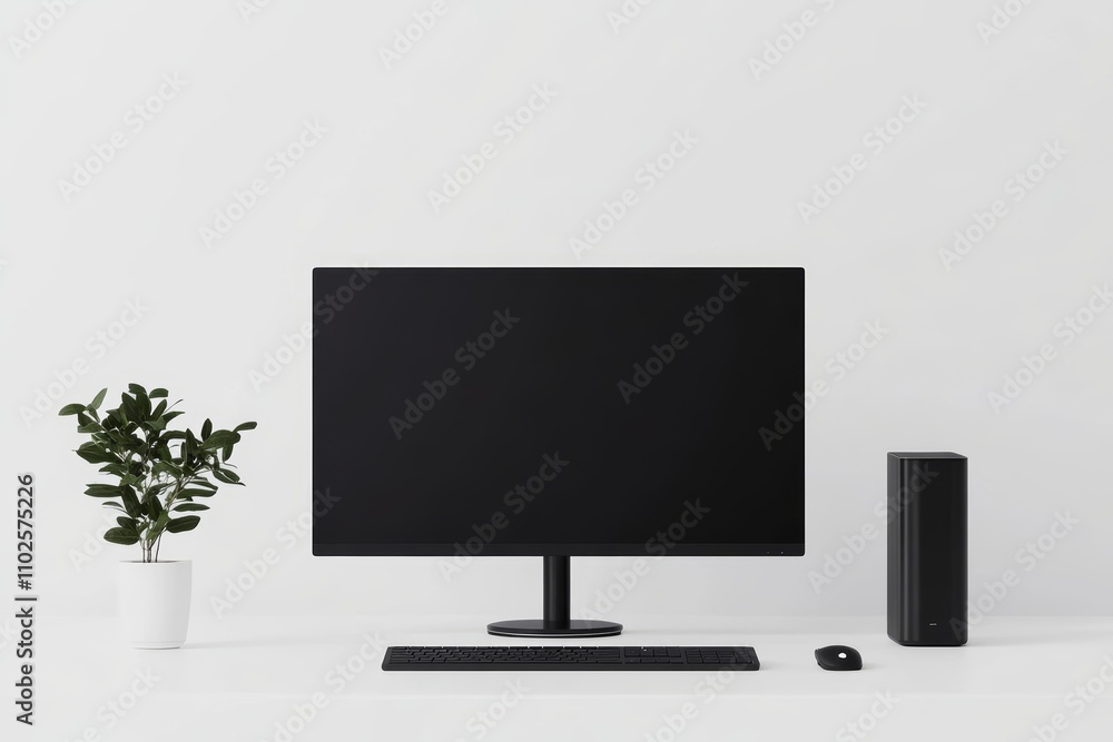 Aufkleber a black computer monitor sits on a desk next to a keyboard and mouse